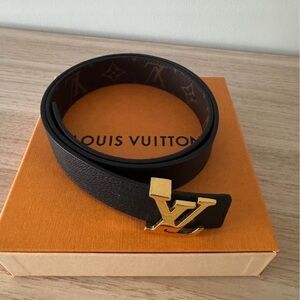 Louis Vuitton Black Leather Belt with Gold LV Buckle and Monogram Interior